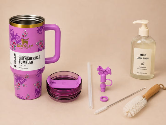 Step-by-step cleaning of a reusable tumbler, lid and straw