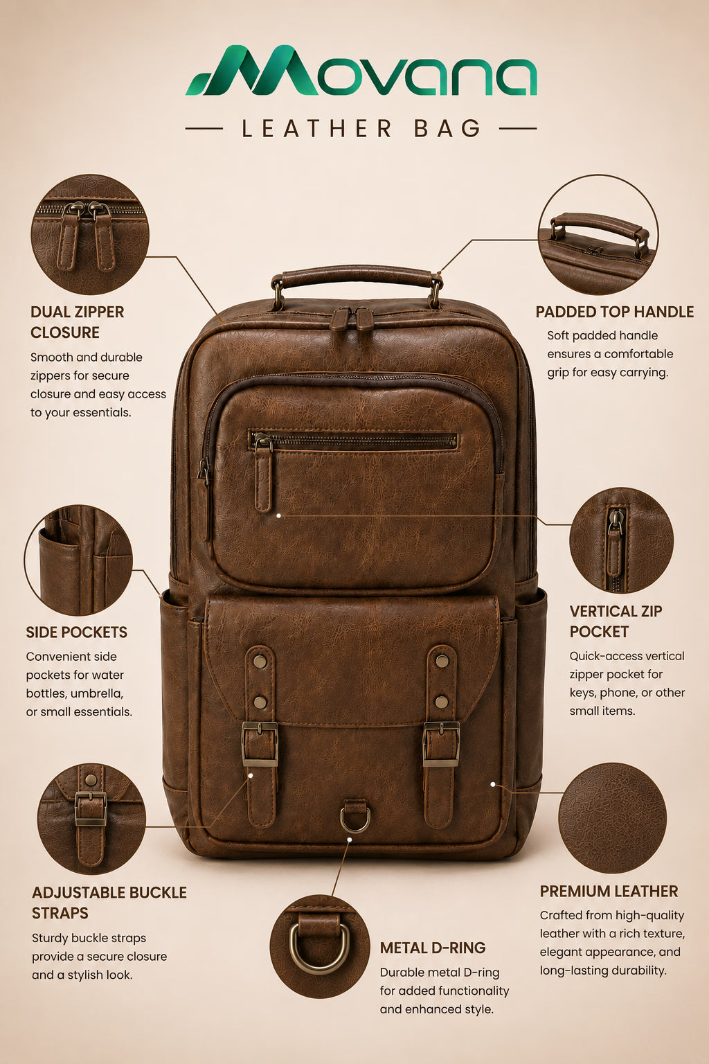 Movana Leather Backpack – Brown – view 11