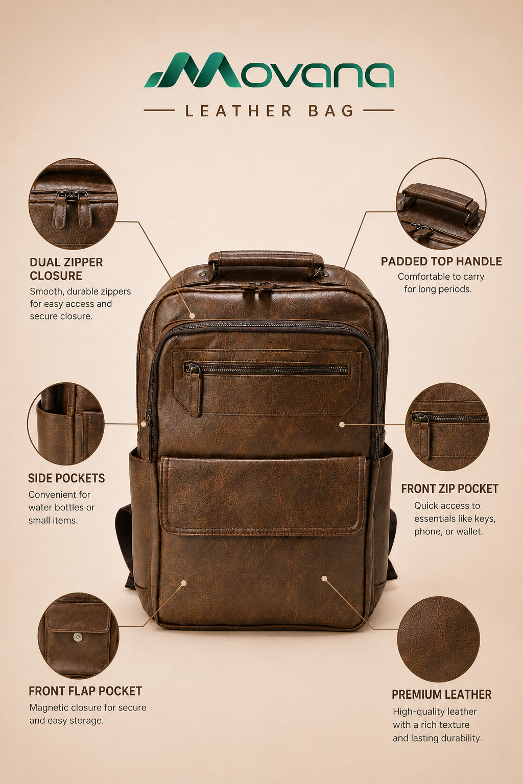 Movana Leather Backpack – Brown – view 7