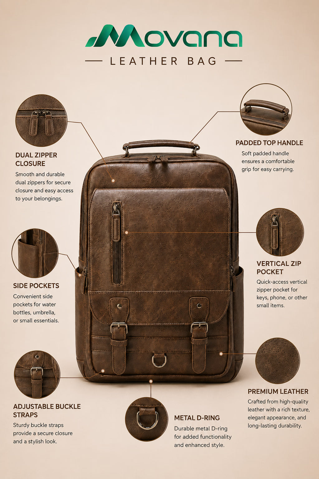 Movana Leather Backpack – Brown – view 10